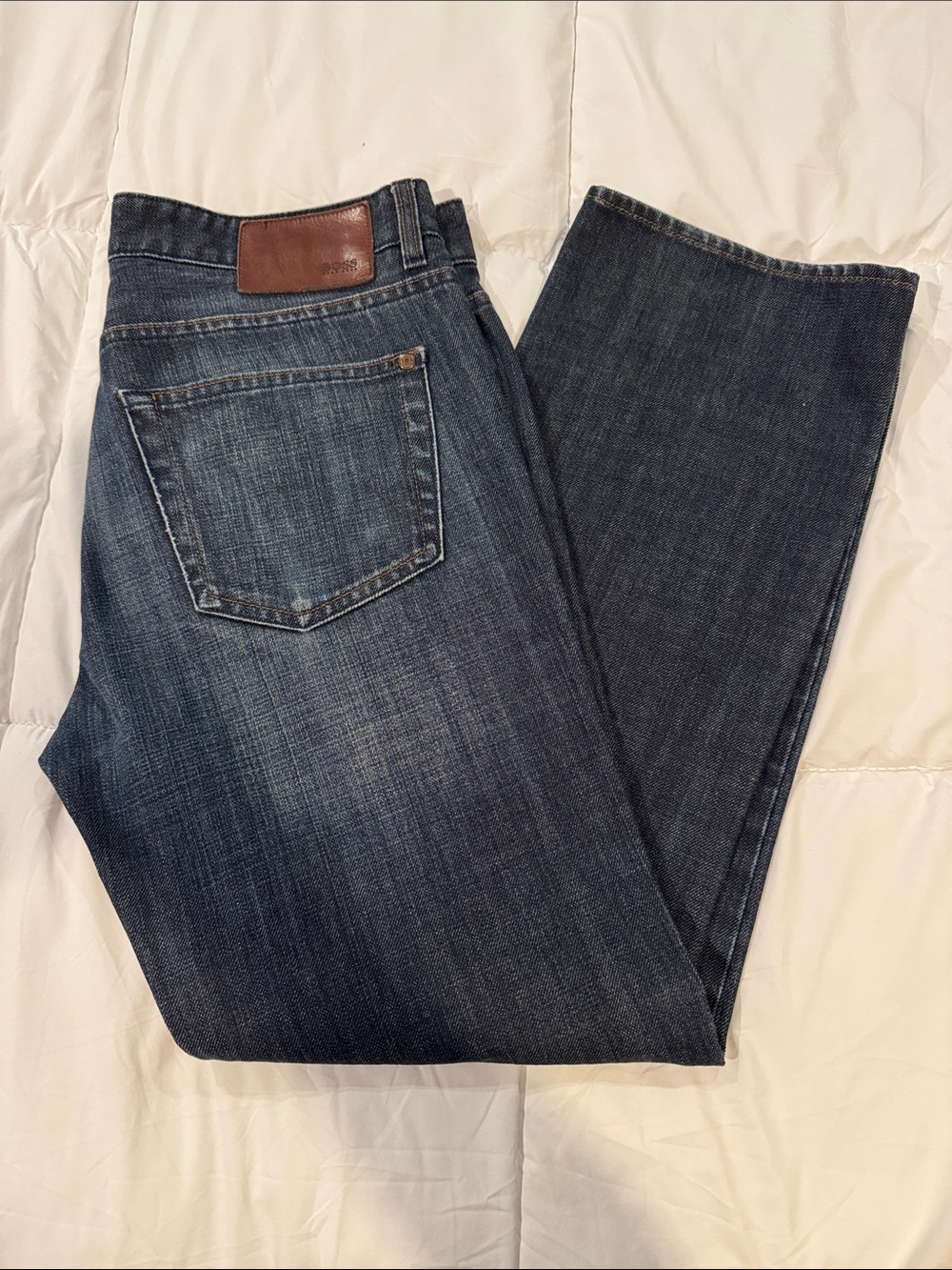 Boss Men's Straight Leg Jeans in Dark Blue with Brown Leather Patch - Kansas